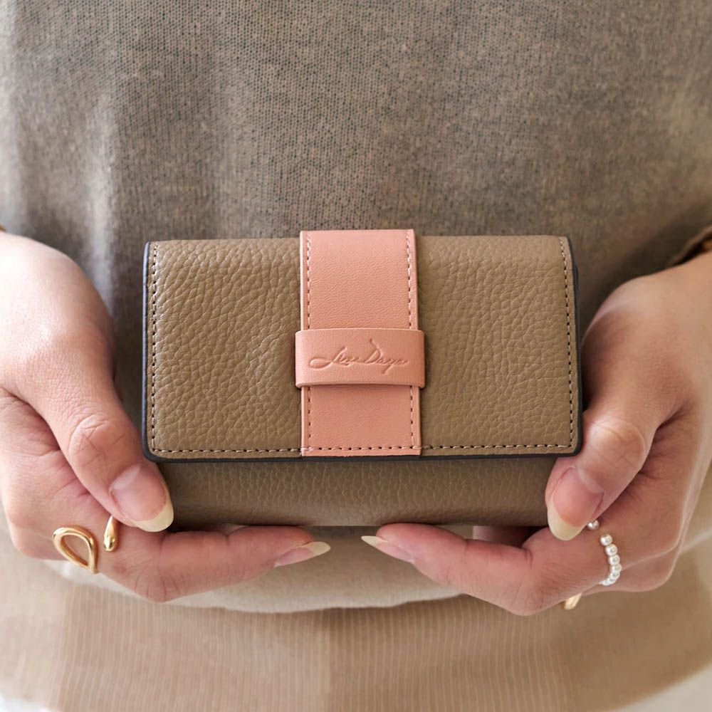 真皮迷你三折配色風琴短夾-卡其x煙燻粉紅