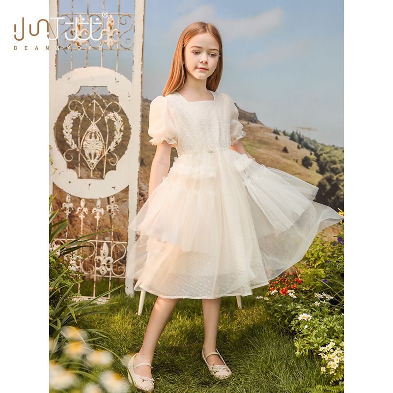 Little Deeyoo - 方領公主袖網紗蛋糕連身洋裝-米白色