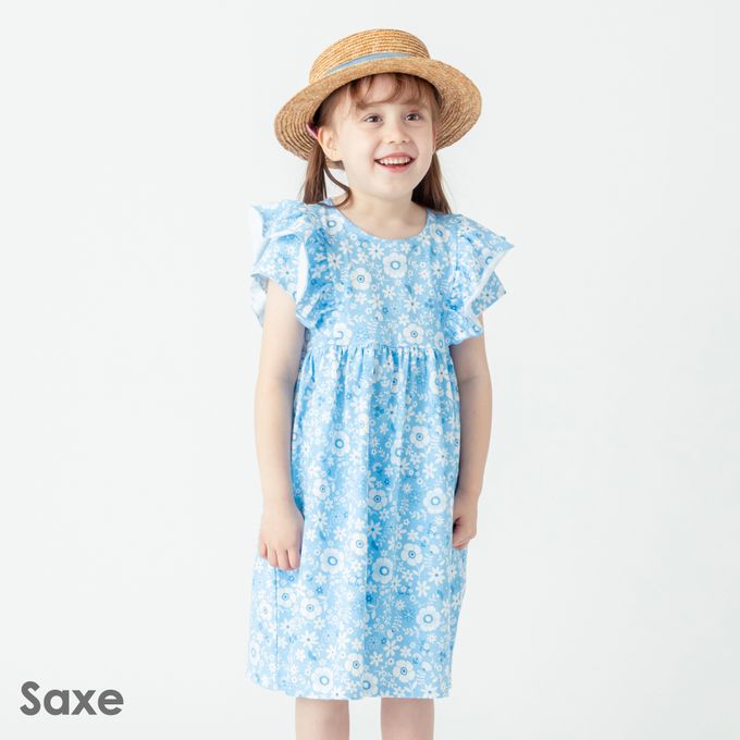 日本 evercloset - 少女花卉雙層荷葉袖洋裝-粉紅