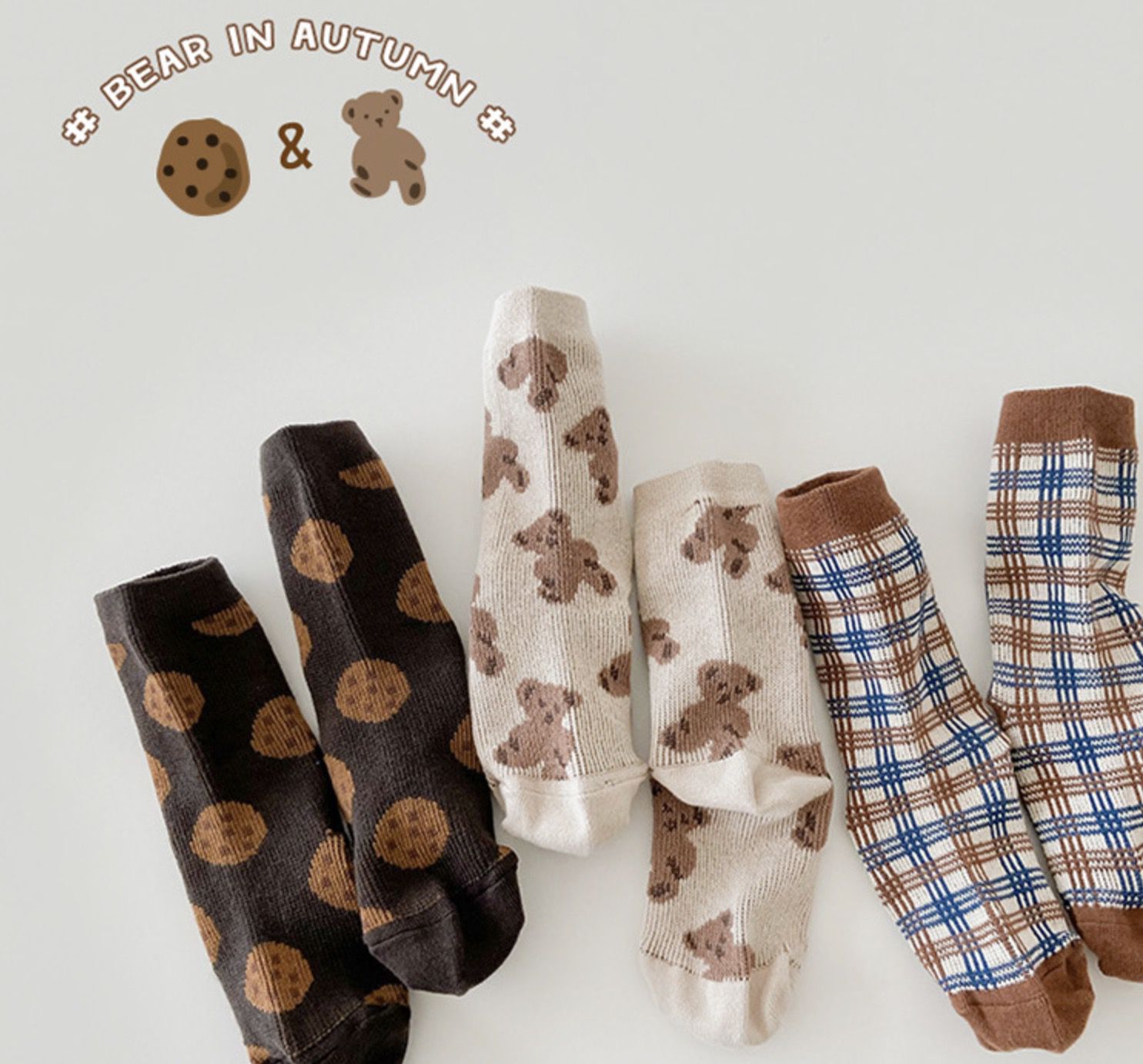 love, charlotte - 小熊與餅乾精梳棉中筒襪-3 雙一組
