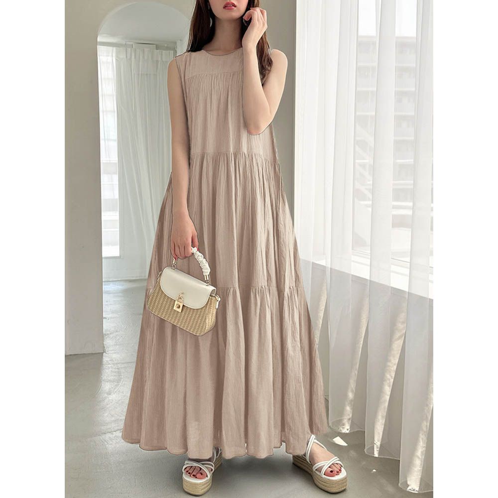 真夏飄逸感分層無袖洋裝-卡其 (F)