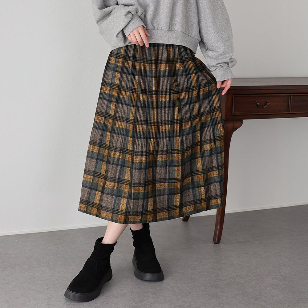 經典季節感格紋百褶長裙-黃棕系 (M)