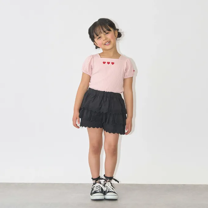 日本 Lycee mine - 方領羅紋可愛刺繡泡泡短袖上衣-愛心-象牙白