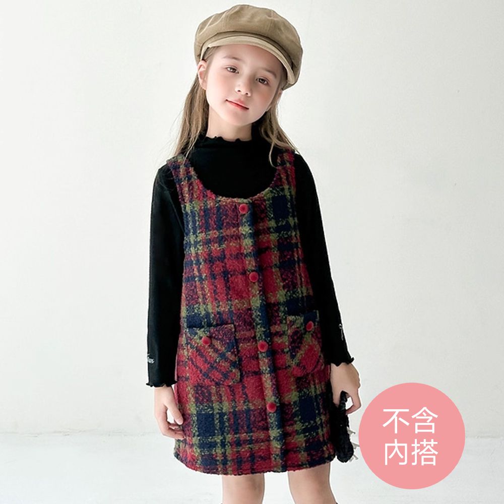 復古紅格羊毛背心裙(不含內搭長袖)-紅色