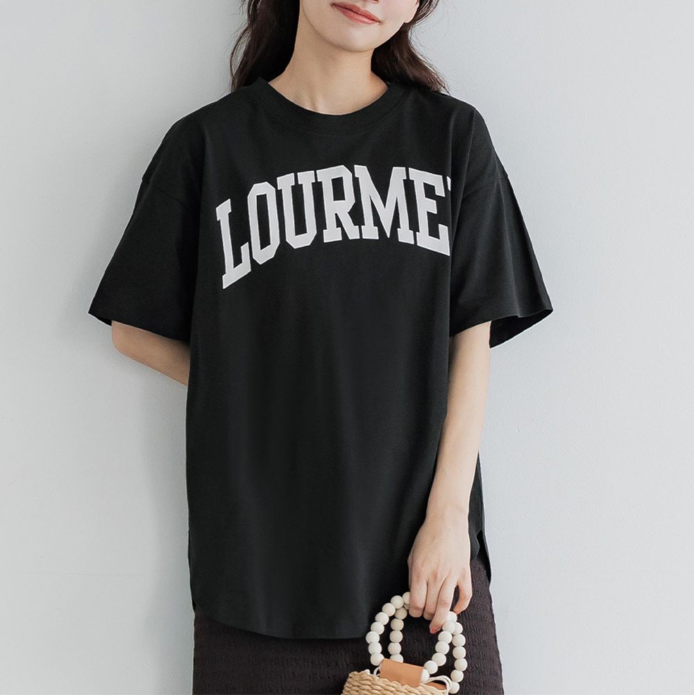 純棉學院風圓弧休閒短袖上衣(大人)-法文字-黑