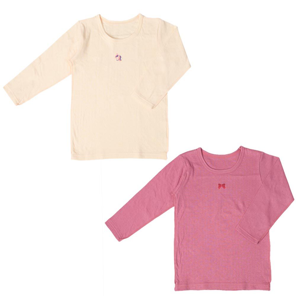 akachan honpo - 長袖圓領上衣2件組-蓬鬆棉 獨角獸&蝴蝶結-粉紅色