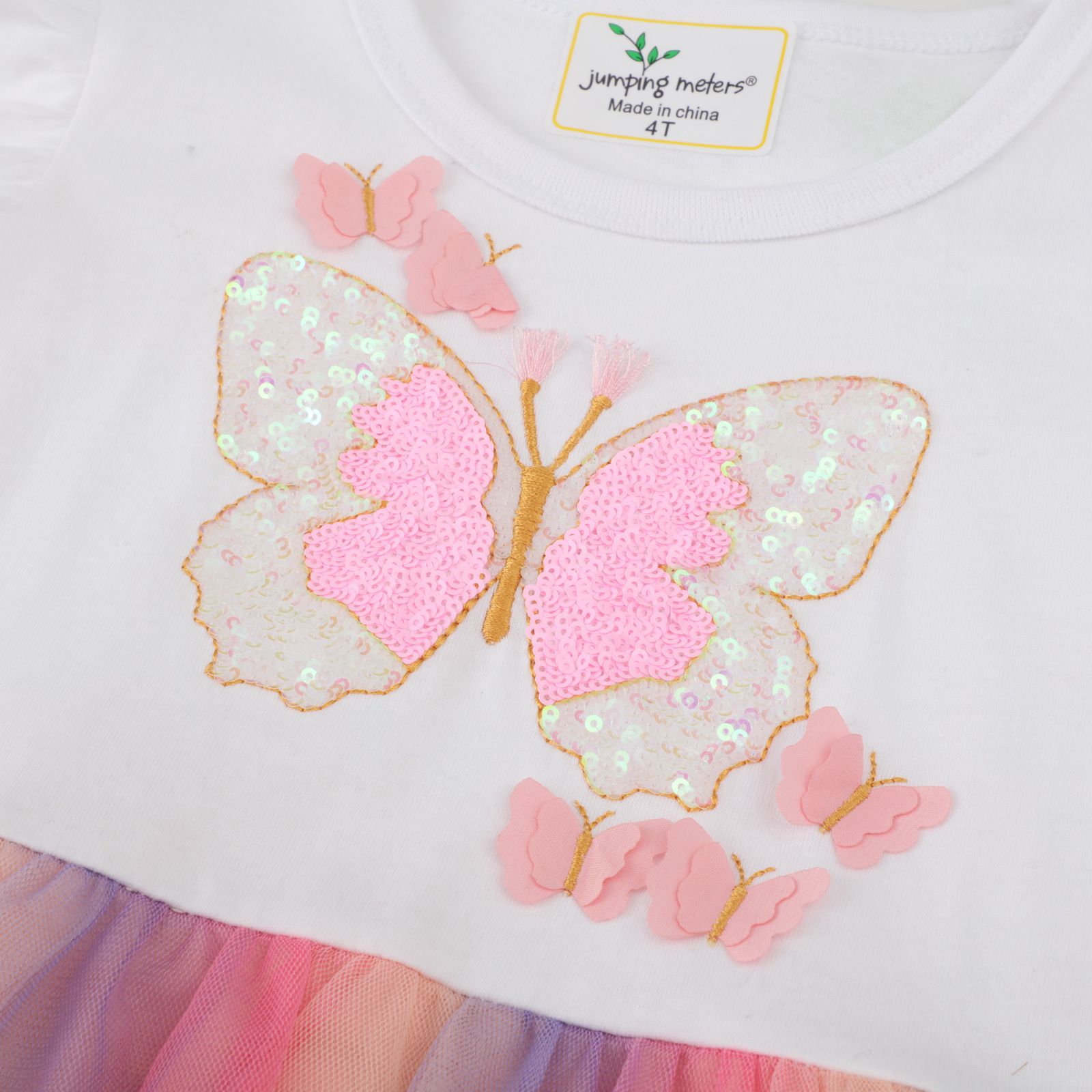 Jumping meters - 棉質圓領短袖網紗洋裝-亮片蝴蝶-白色