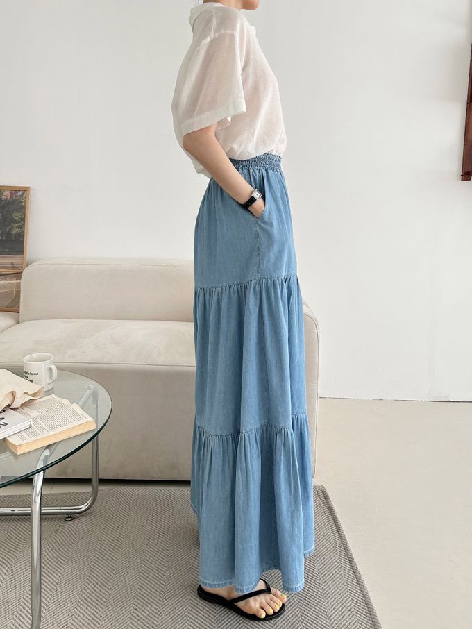 韓國女裝連線 - 鬆緊腰薄丹寧蛋糕長寬褲-中青 (FREE)