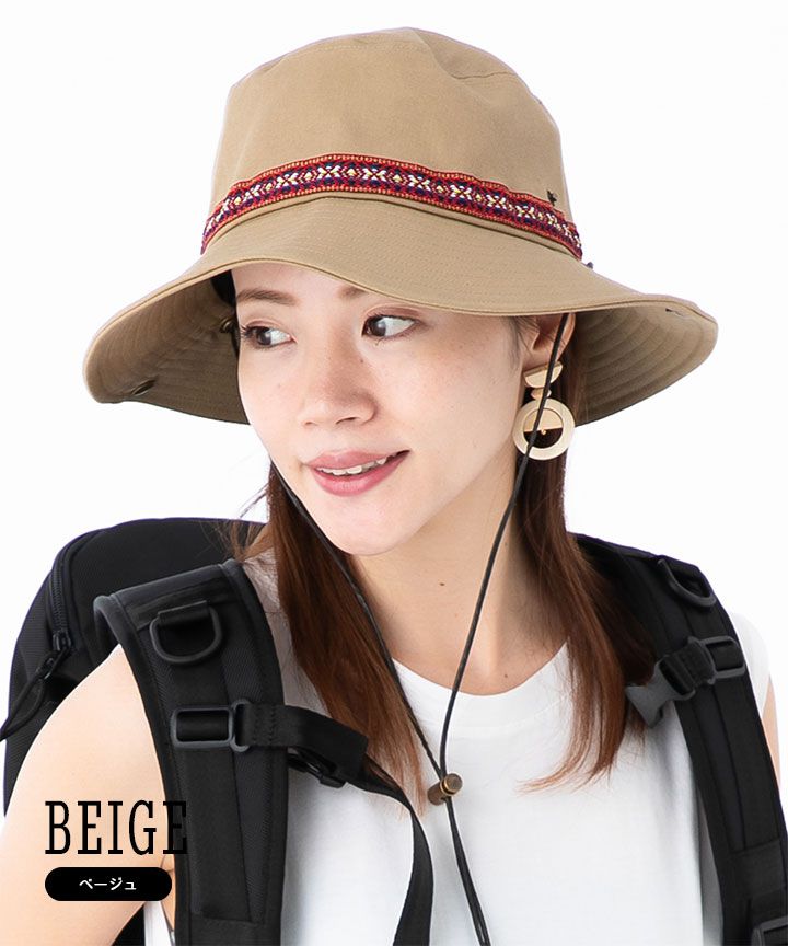 日本 irodori - 抗UV民族風圖騰撞色遮陽帽(附防風帽帶)-杏