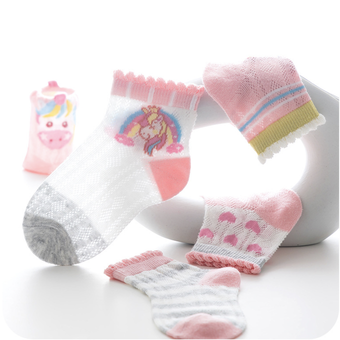 love, charlotte - 泡泡花邊獨角獸愛心網眼短筒棉襪-5 雙一組