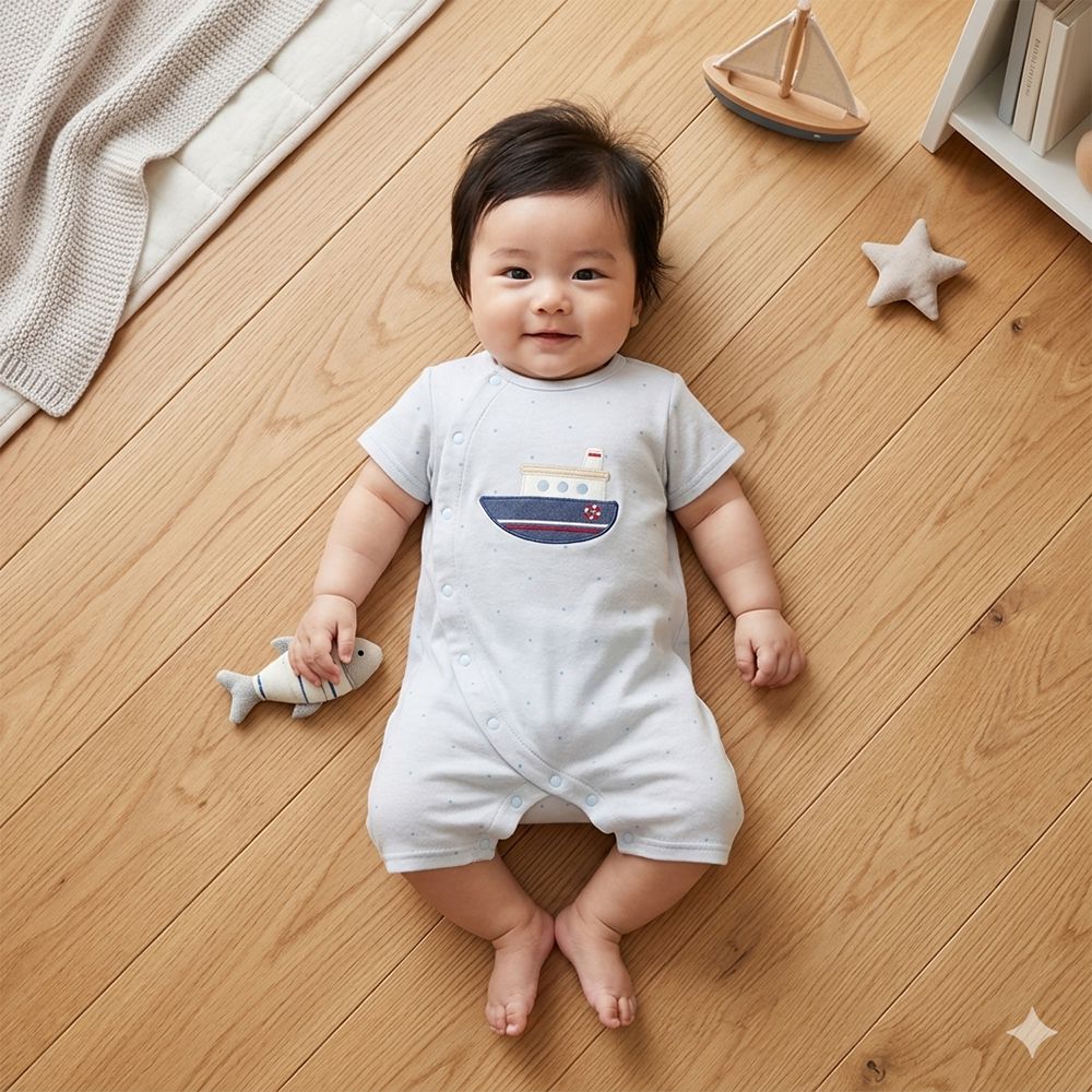 短袖兔裝-毛巾布造型圖案-淺藍色