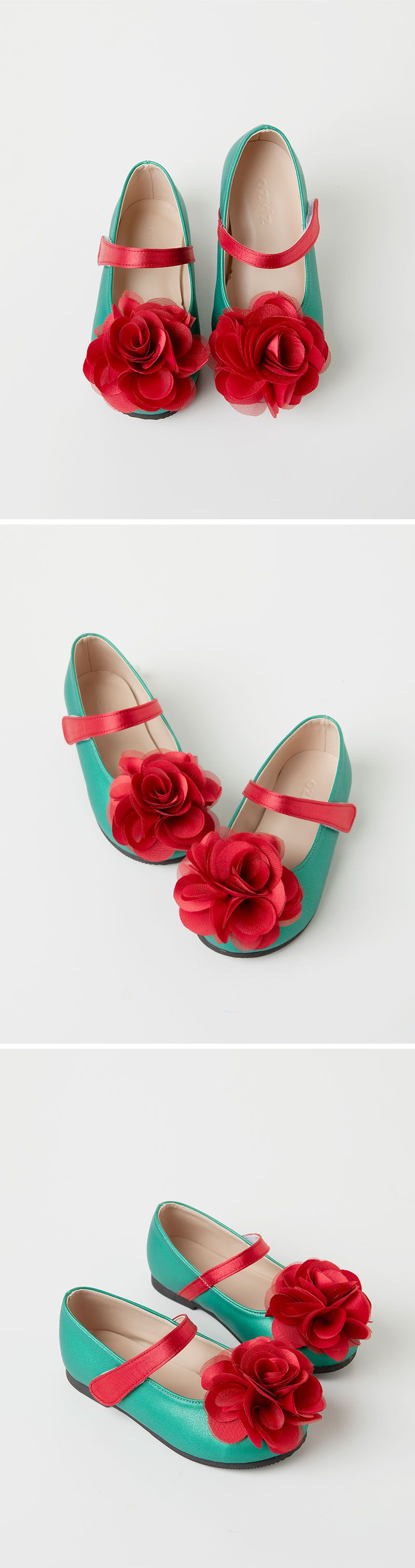 韓國 OZKIZ - 迷人立體紅花裝飾皮鞋-綠