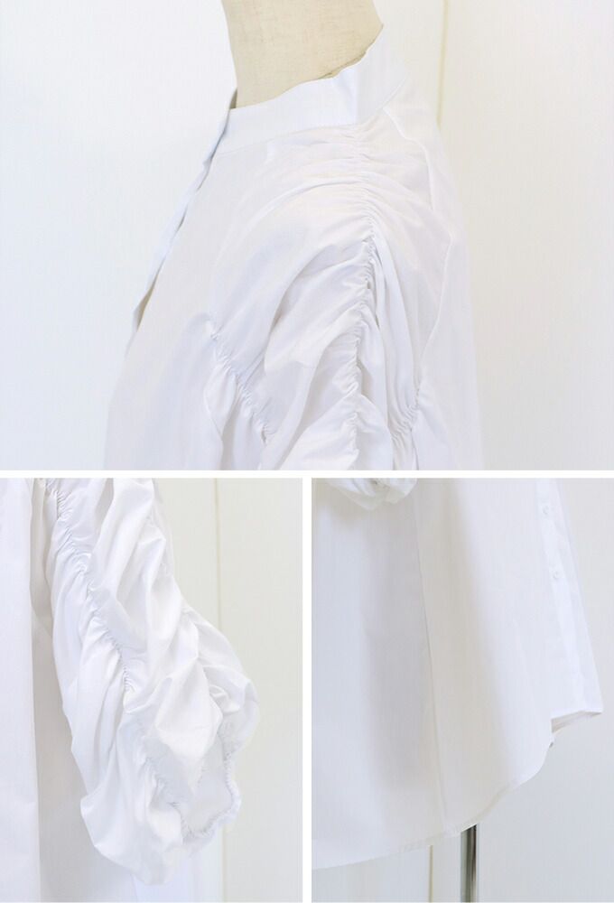 日本 BLUE EAST - 優雅小立領抓皺五分袖襯衫-水藍