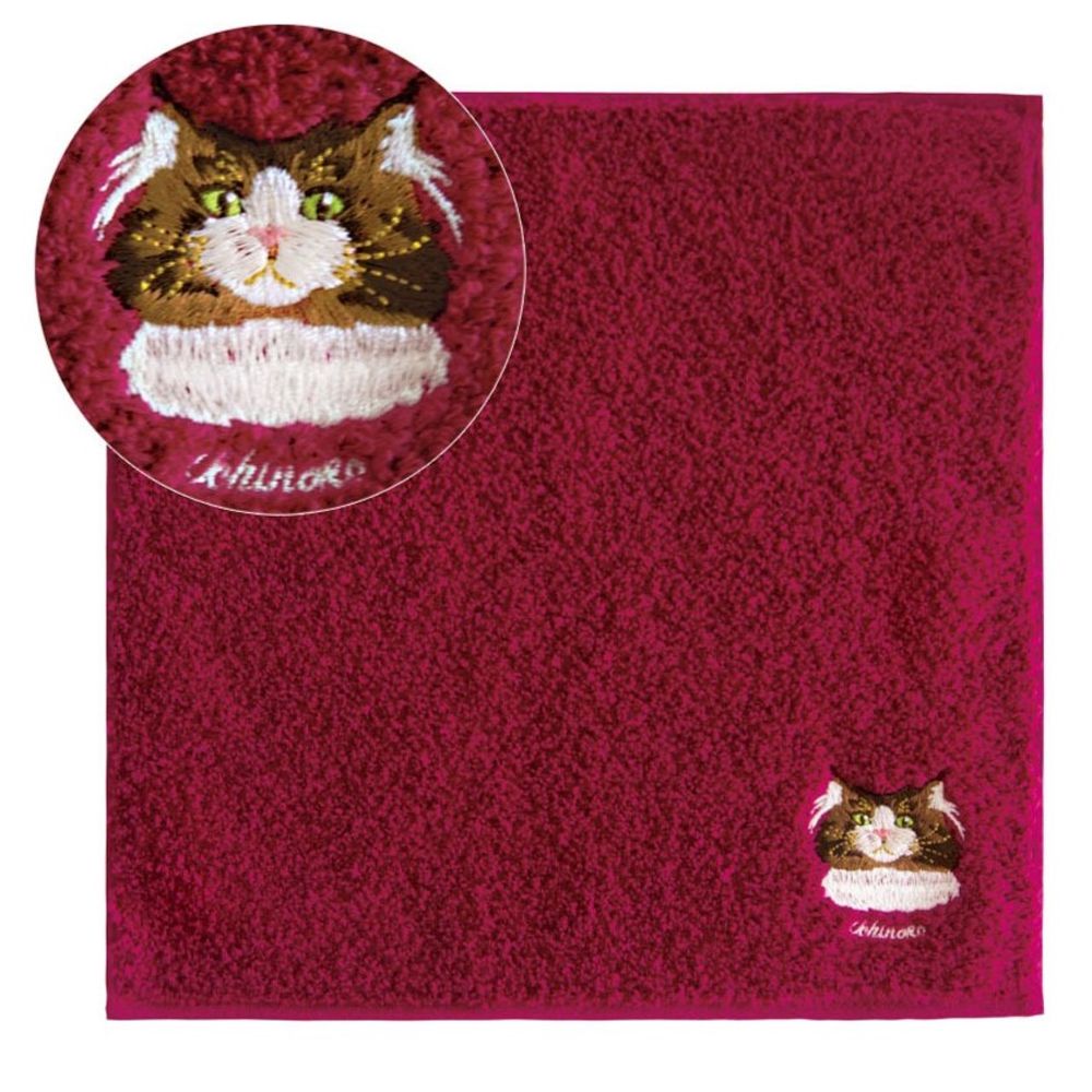 100%棉 日本製今治方巾/手帕-挪威森林貓-玫紅 (25×25cm)