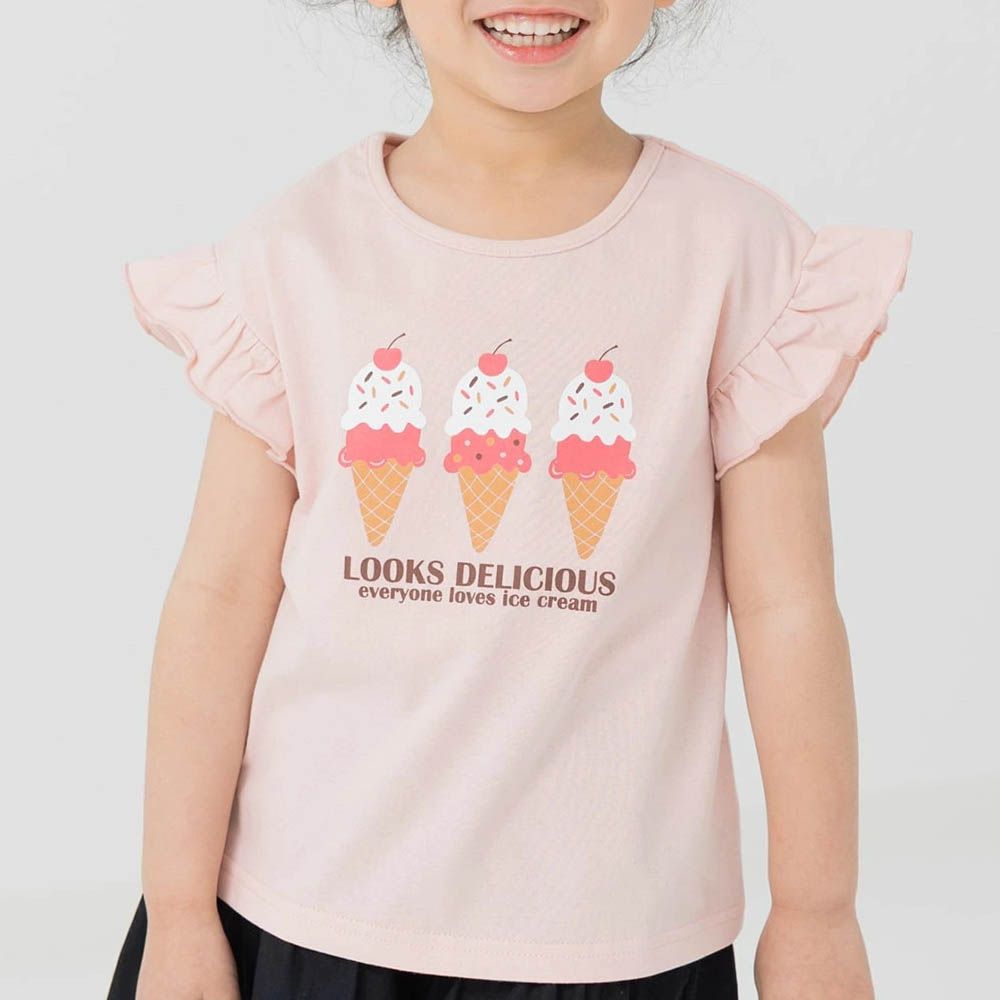 100%棉 荷葉邊女孩印花短袖上衣-冰淇淋-粉紅