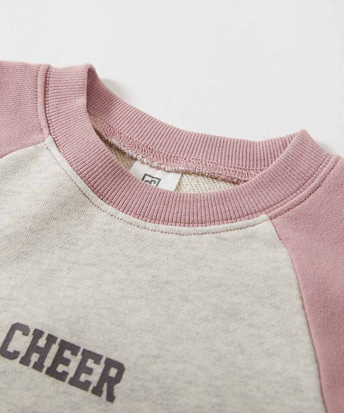 日本 devirock - 100%棉 撞色印花長袖洋裝-燕麥X粉紅