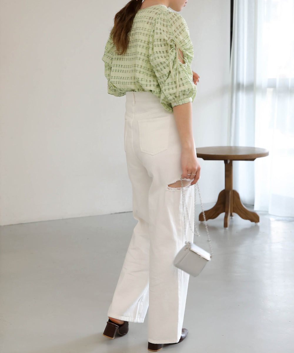 日本 Bab - 甜美格紋抽繩澎澎袖上衣-米杏