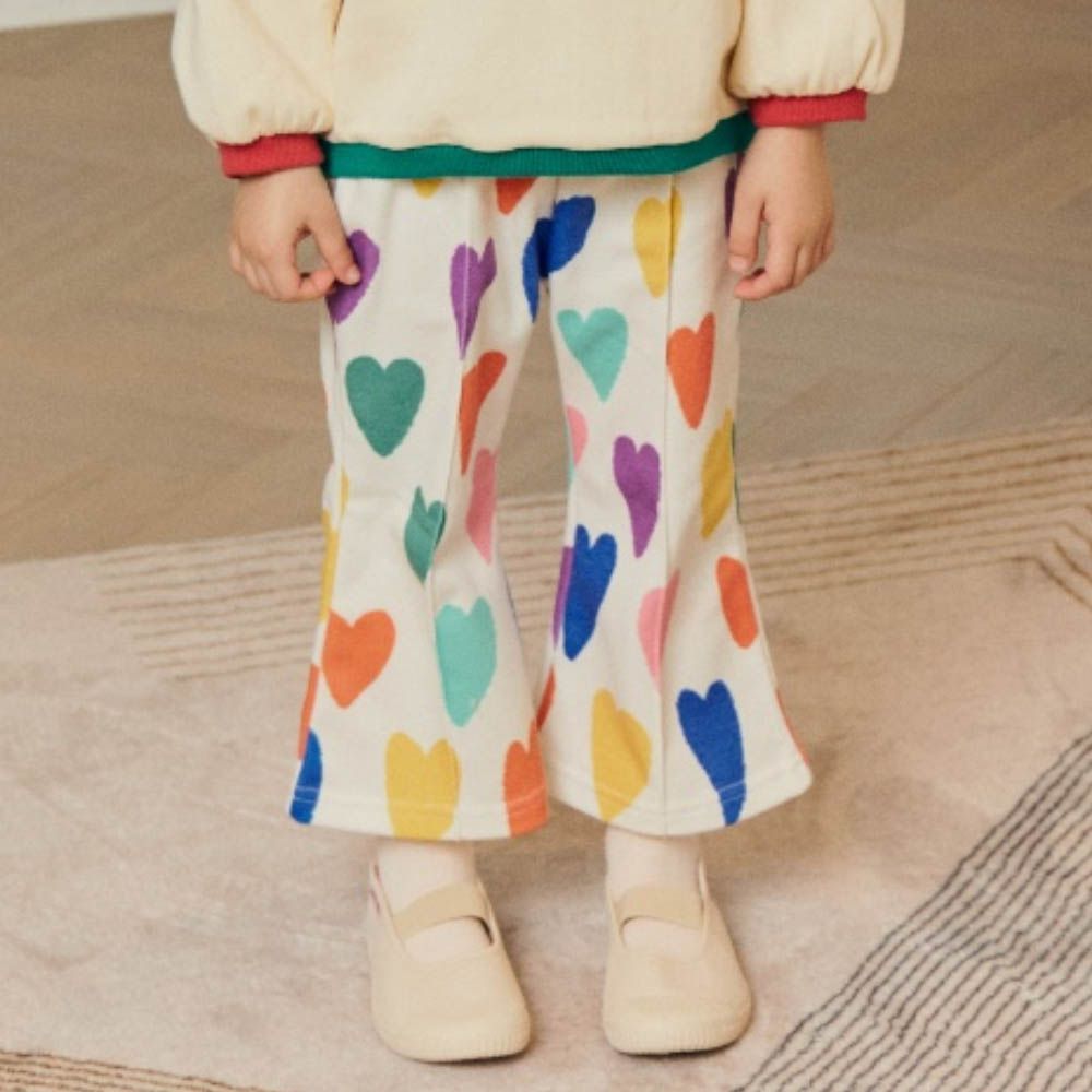 鬆緊腰繽紛愛心喇叭褲-象牙白