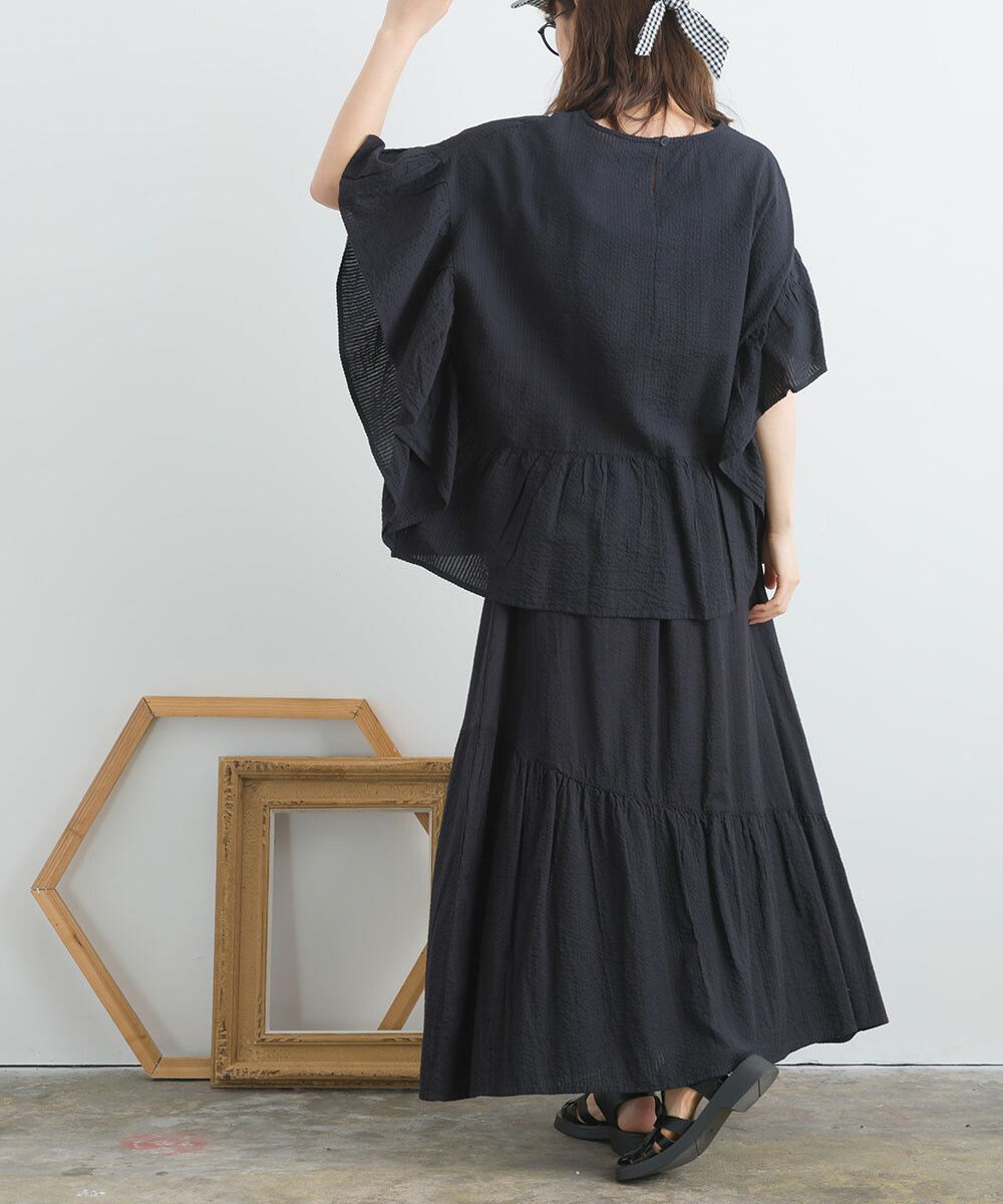 日本女裝代購 - 100%印度棉 超透氣波浪短袖上衣-石墨灰