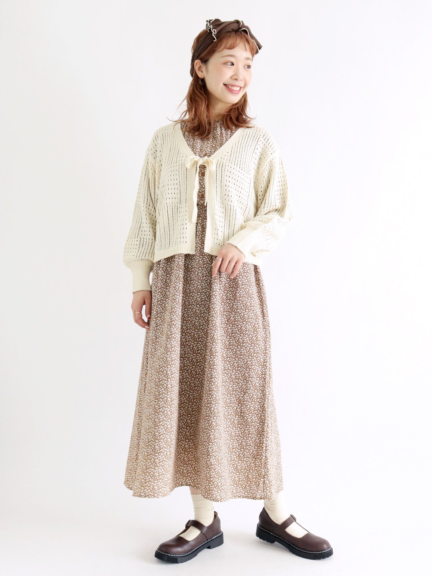 日本 ehka sopo - 甜美氣質碎花雪紡縮腰長洋裝-白