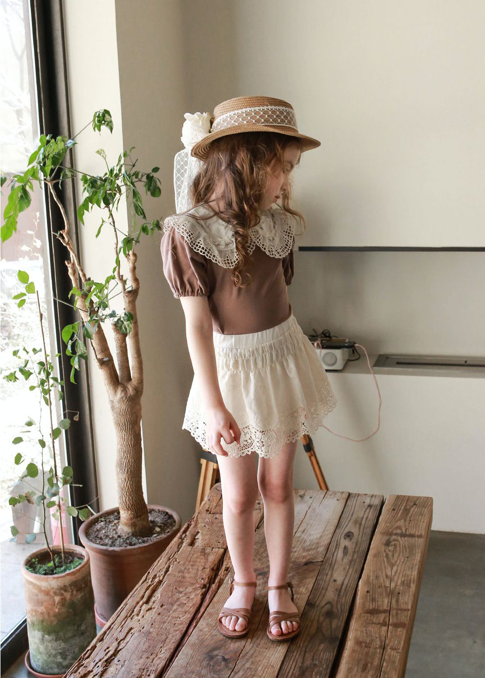 韓國 PuellaFLO - 唯美花朵菱格紋蕾絲草帽 (3-7Y適用)