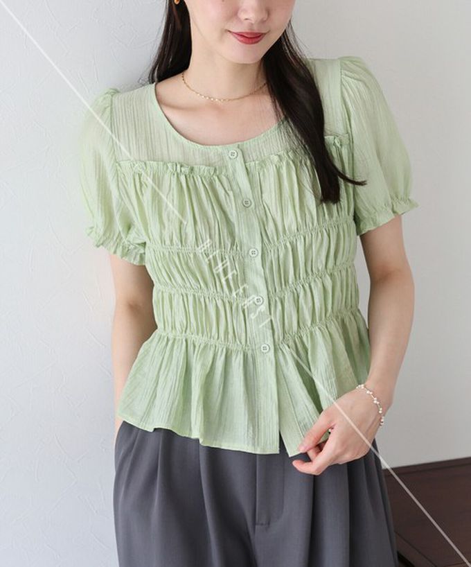 日本 BLUE EAST - 顯瘦皺摺荷葉泡泡短袖上衣-白