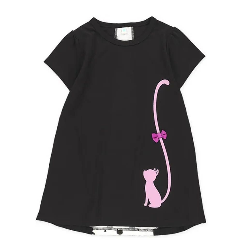 貓咪尾巴背後拼接短袖洋裝-黑