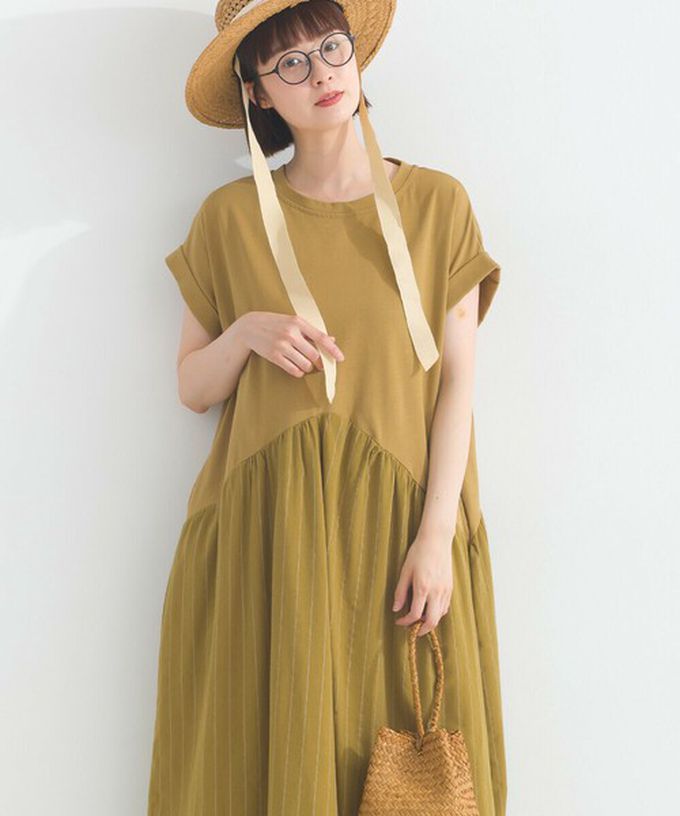 日本 Lupilien - [人氣款]亞麻混紡條紋拼接短袖洋裝-芥末黃