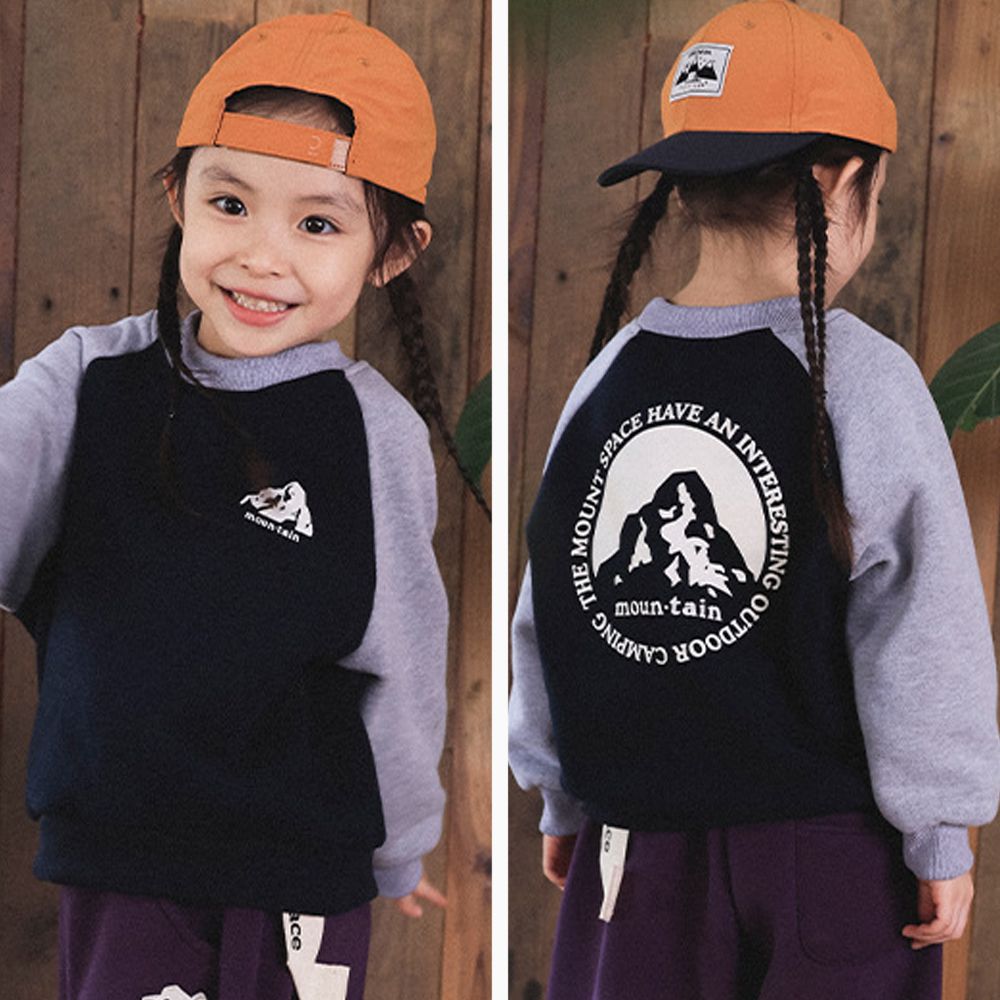 加絨撞色拼接長袖上衣/大學T-前後印花-藏青