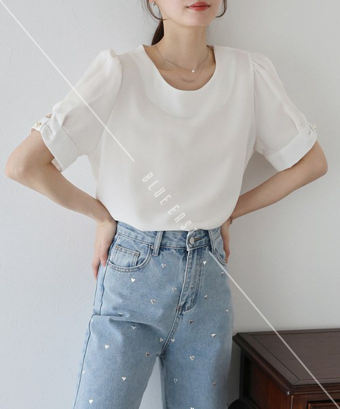 日本 BLUE EAST - 珍珠袖扣亞麻感氣質短袖上衣-摩卡 (M)