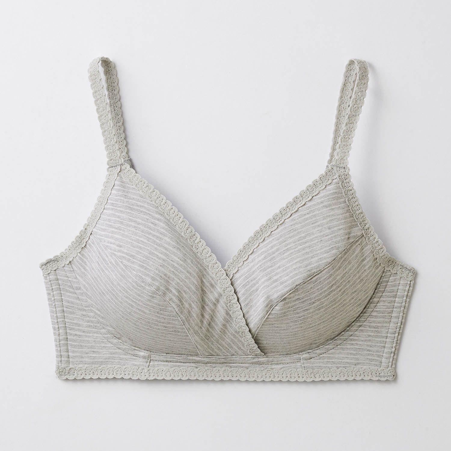 日本千趣會 - 細肩帶 孕哺/哺乳內衣(附可拆罩杯)-淺灰條紋