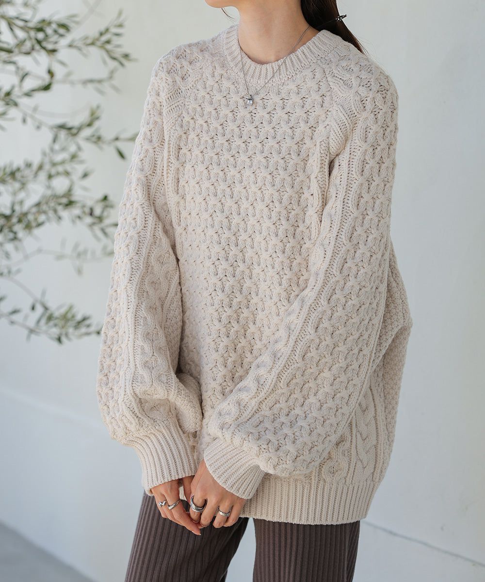 日本 Bab - 麻花編織大寬袖針織上衣-炭灰