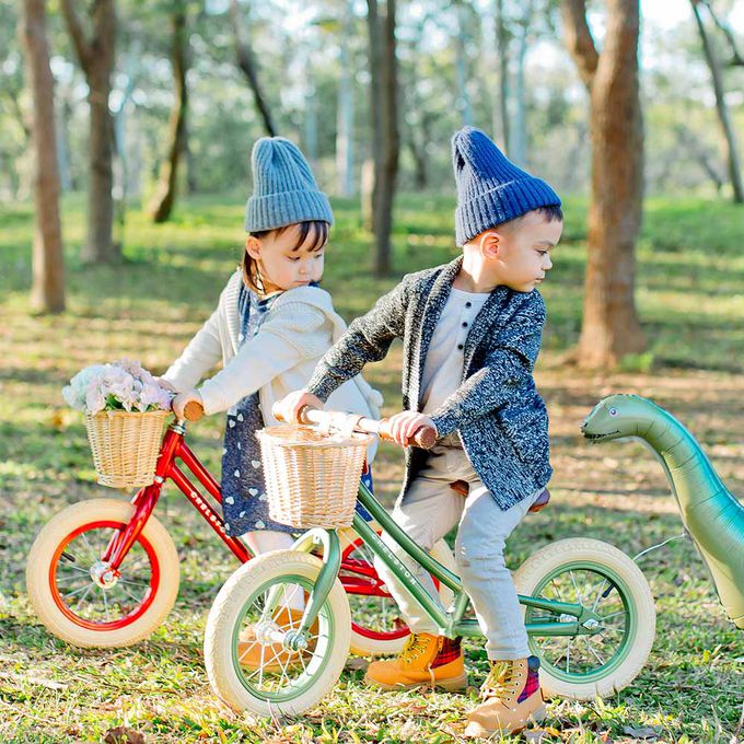 Chelston bikes - Mini Dutch 復古滑步車-原野綠(消光)-滑步車 x 1 , 手工編織竹籃 x 1 , 麻料內襯  x 1 , 3 歲以下專用ABS氣嘴蓋 x 1