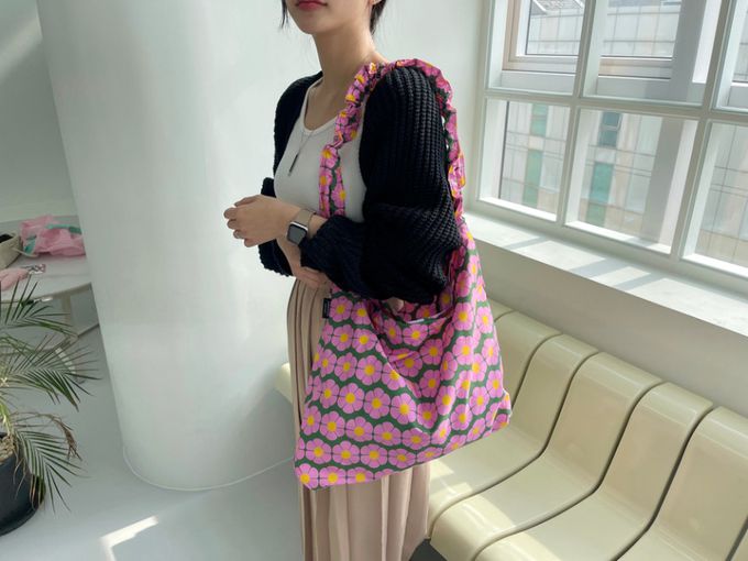 韓國 ARDERE - 花漾點綴環保肩背包/袋-桃花-綠 (44x38cm(帶長70cm))