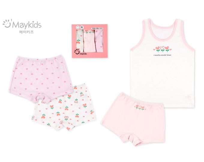 韓國 Maykids - (3入組)女寶無螢光棉親膚四角褲-愛心花-粉X白