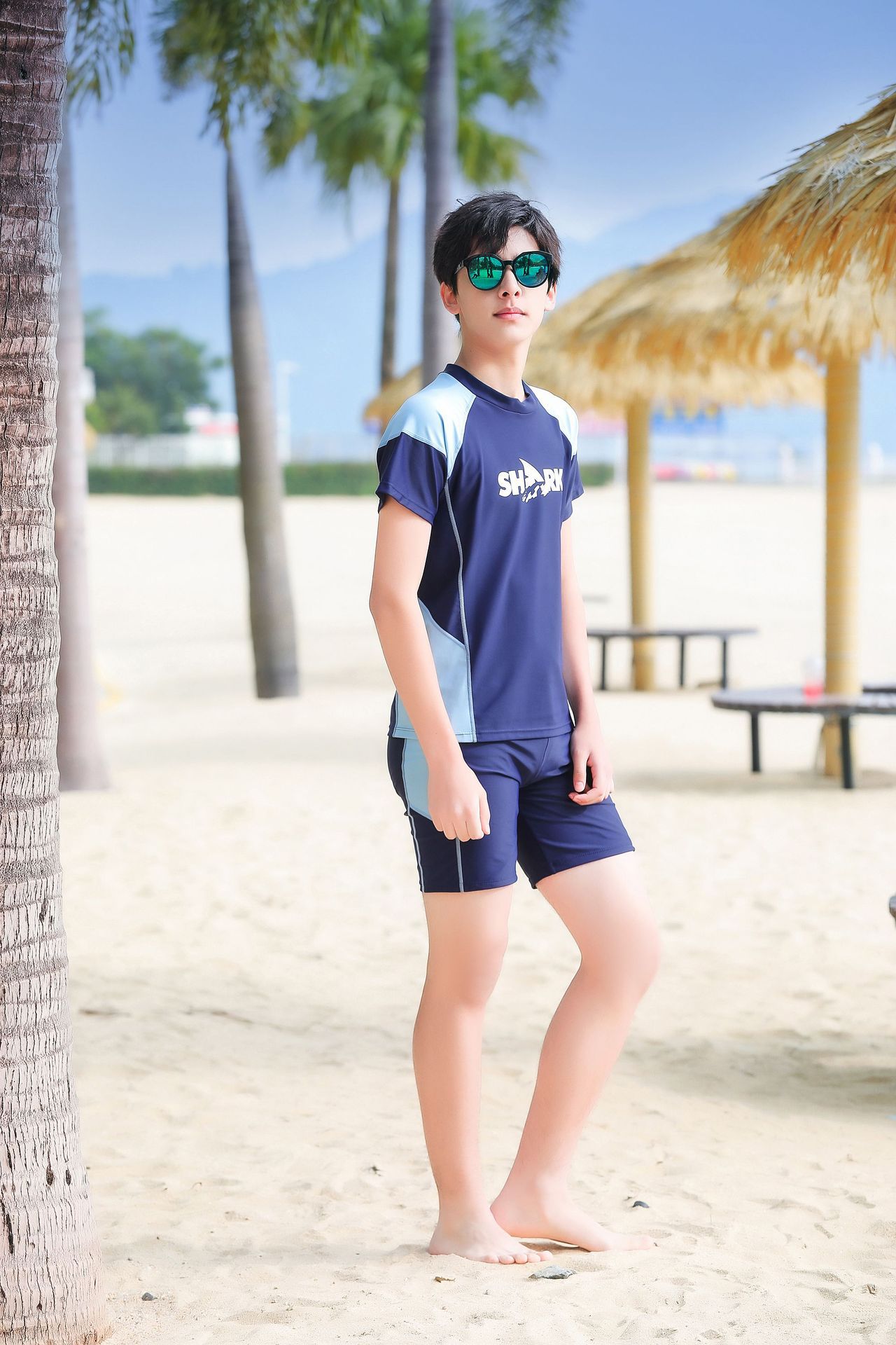 大童男孩短袖泳衣套裝(二件組)-SHARK-黑色-泳衣、泳褲