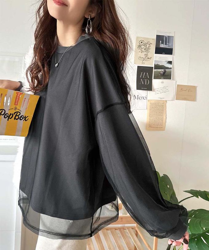 日本 Classical Elf - Java 透膚薄紗層次上衣-背後標籤印花-炭灰