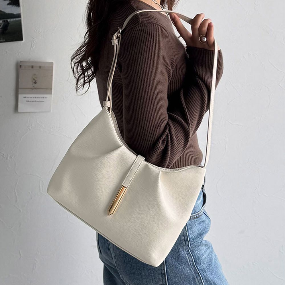 簡約成熟感柔軟皺摺肩背/側背包-象牙米