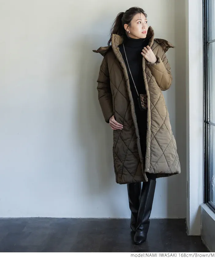 日本 COCA - 俐落長版絎縫鋪棉保暖外套(帽可拆)-咖啡