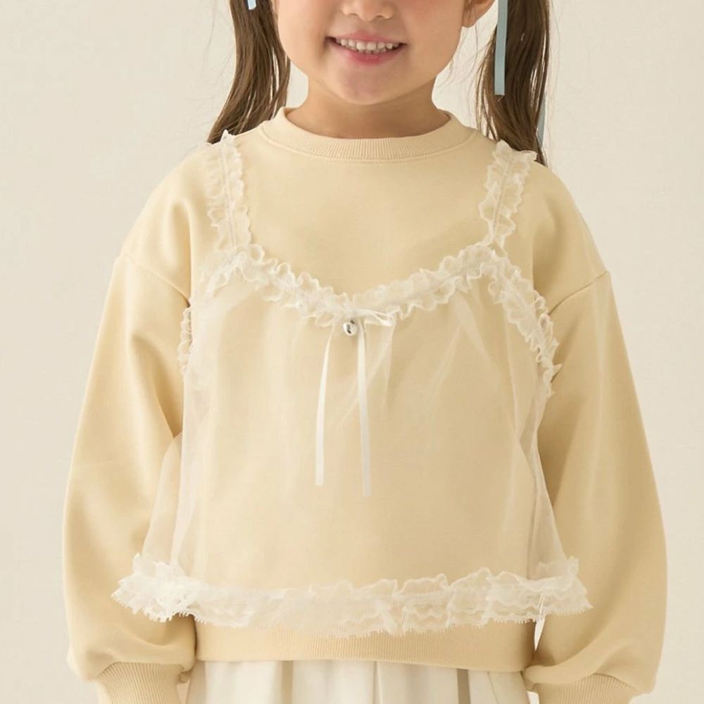 夢幻蕾絲吊帶縮口長袖上衣-黃