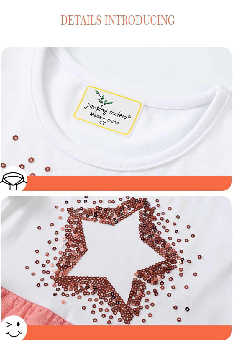 Jumping meters - 棉質圓領小飛袖網紗洋裝-亮片星星-粉+白