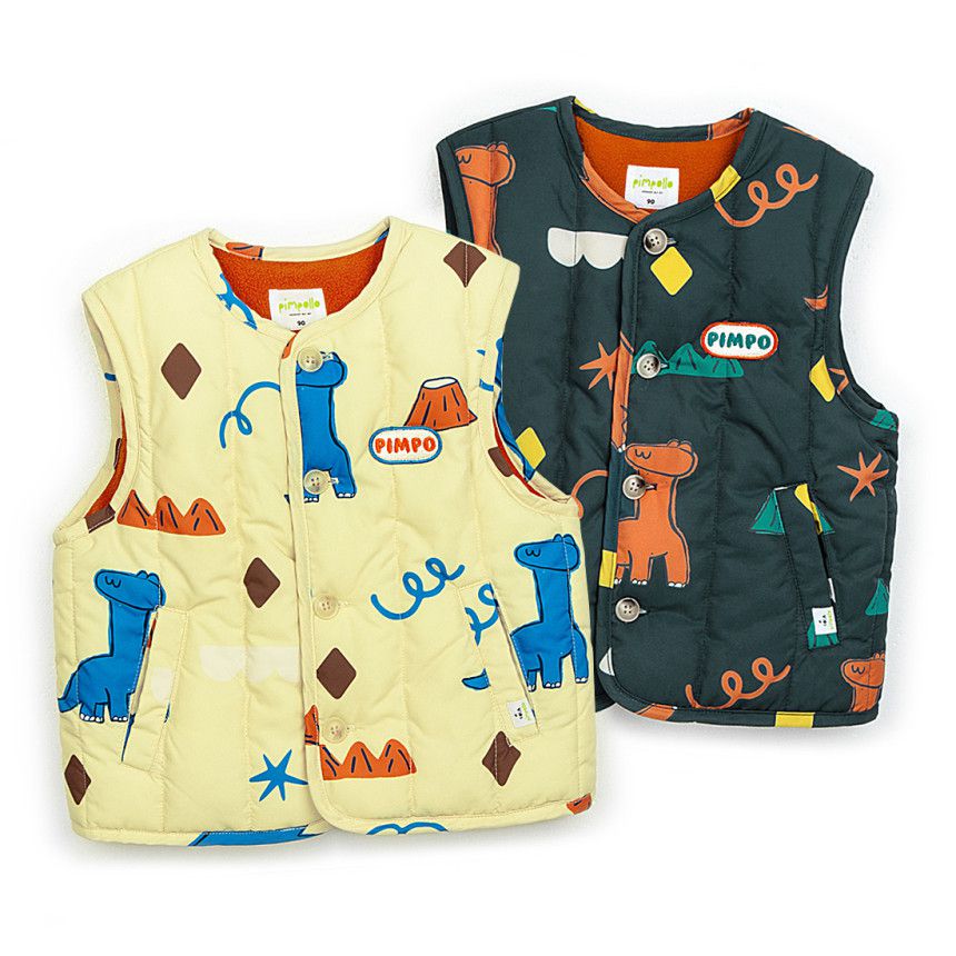 韓國Pimpollo - 手繪風自信恐龍保暖背心-灰