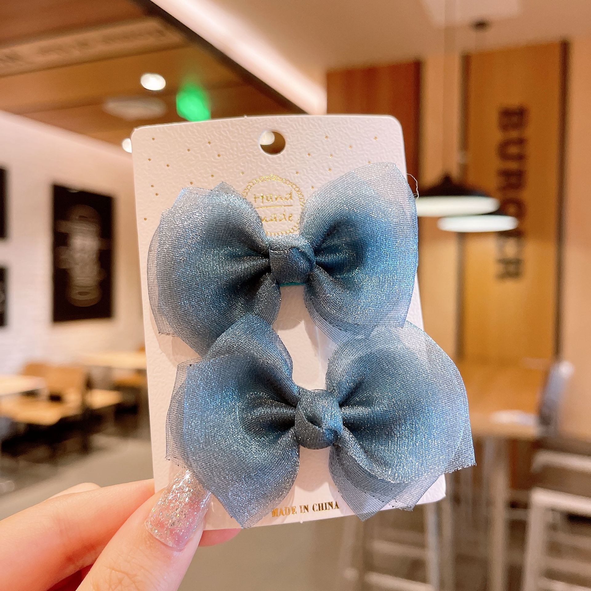 亮亮網紗蝴蝶結髮夾(2入組)-海軍藍