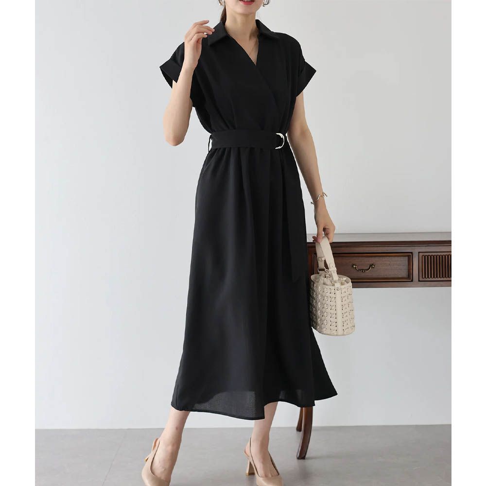 俐落領腰綁帶法式袖顯瘦洋裝-黑 (M)