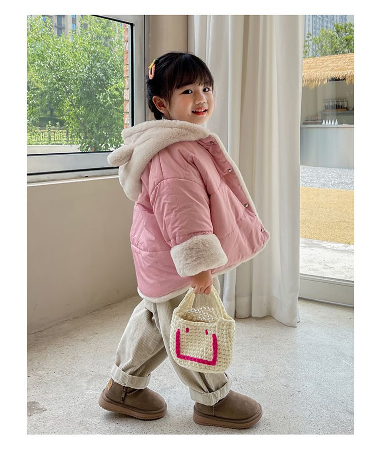 加絨加厚造型連帽鋪棉外套-毛茸茸熊熊-粉色