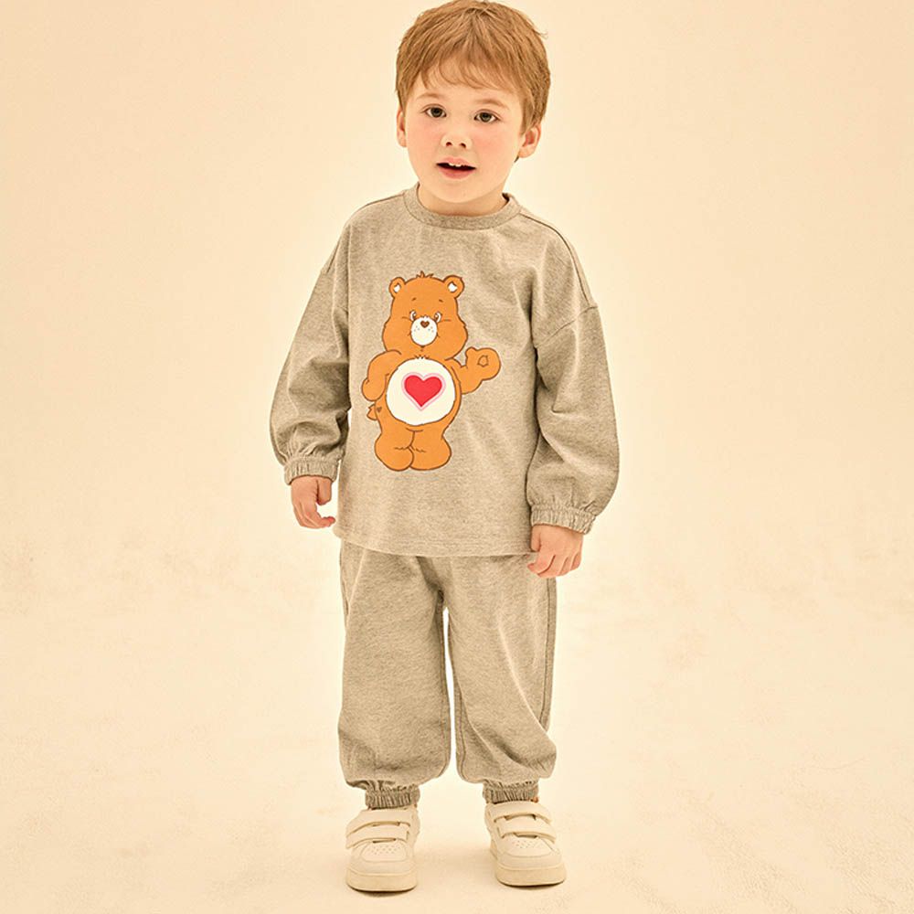 聯名款哈囉大熊純棉縮口長袖套裝-灰