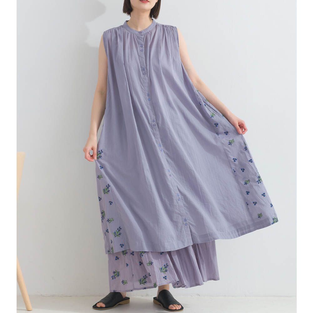 100%印度棉 優美植物側邊刺繡無袖洋裝-紫