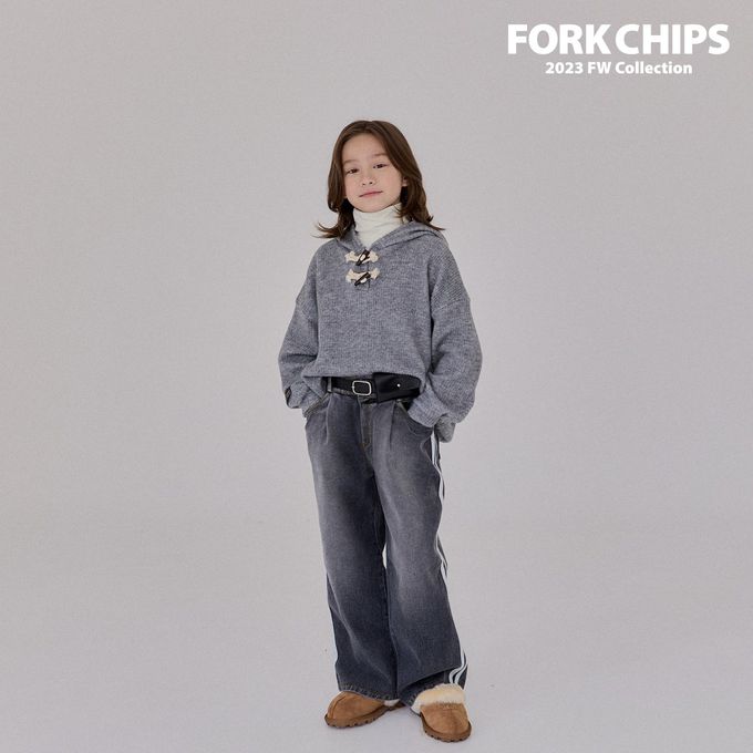 韓國 FORK CHIPS - (內磨毛)鬆緊腰雙線條點綴牛仔長褲-黑灰