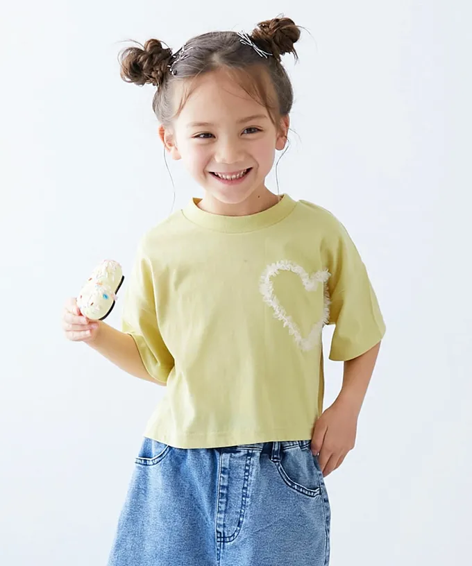 日本 devirock - 俏麗薄紗點綴短袖上衣-愛心-淺黃