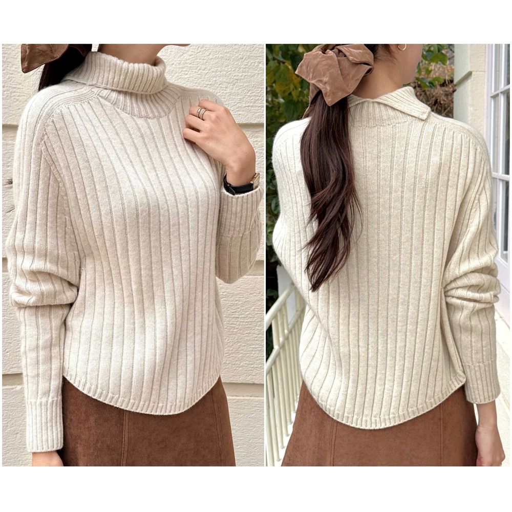 柔軟美麗諾羊毛開衩翻領坑條長袖針織上衣-燕麥 (FREE)